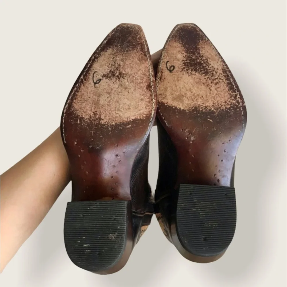 $399 RARE Frye Daisy Duke Stud Brown Tan Real Leather Vintage Cowboy PullOn Boot